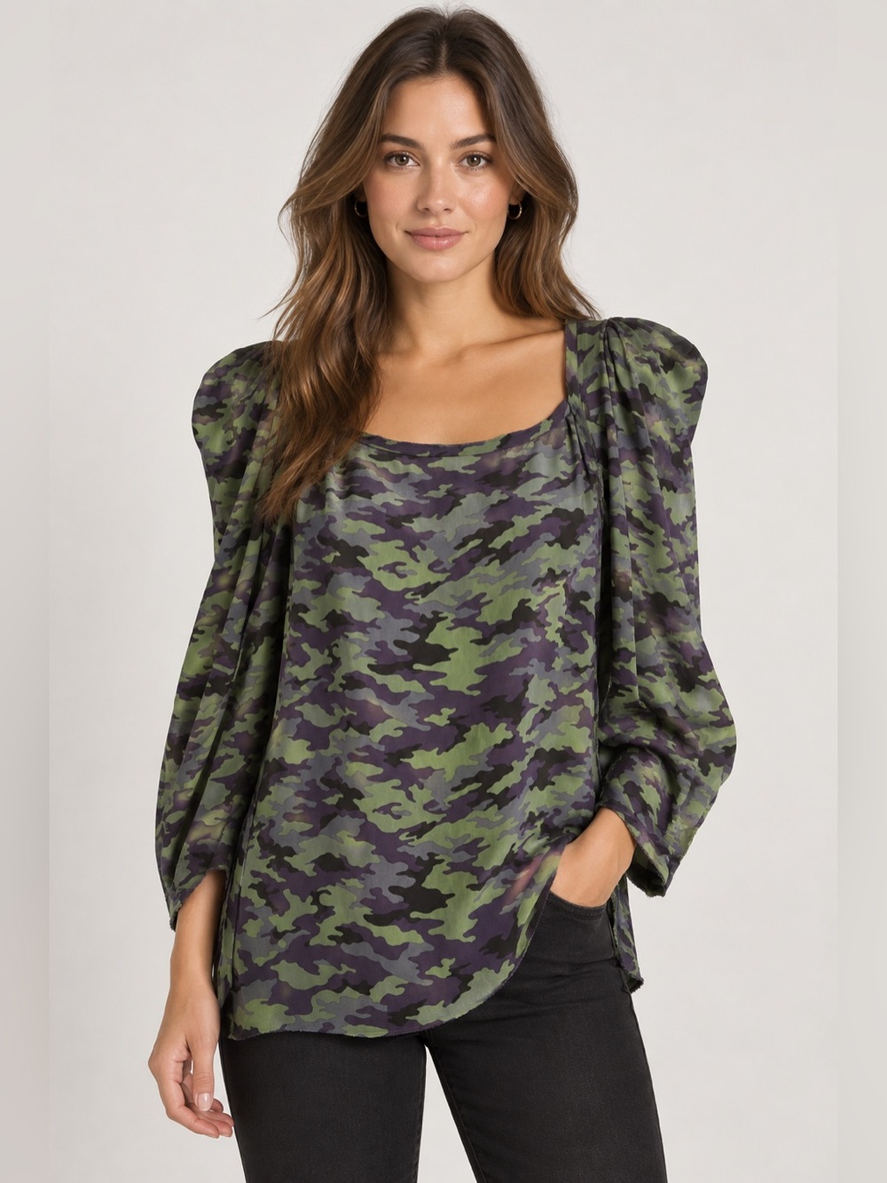 Maje Silk Camouflage Puff Sleeve Top | Size 3